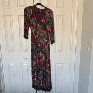 Floral Maxi Dress - Multicolor Maroon Teal Metallic V-Neck